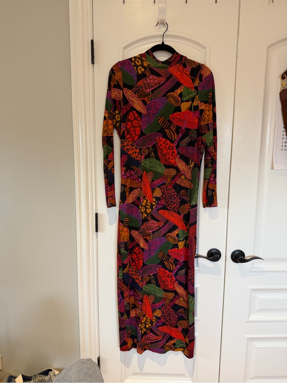 FARM Rio Long Sleeve Maxi Dress in Black with Red, Purple & Green Mushroom Print